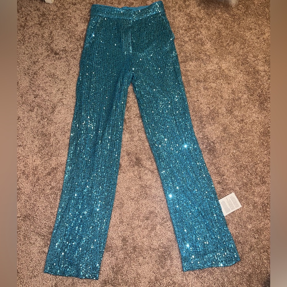 • ASOS DESIGN • Hourglass straight sequin ankle grazer pants in turquoise - Picture 2 of 7
